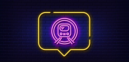 Neon light speech bubble. Metro subway transport line icon. Public underground transportation sign. Neon light background. Metro subway glow line. Brick wall banner. Vector