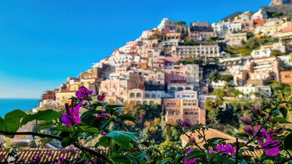 Selective soft focus on pink flower bougainvillea. Panoramic blurred view on coastal town of Positano at Amalfi Coast, Campania, Italy, Europe. View from terrace of luxury hotel at Mediterranean Sea - obrazy, fototapety, plakaty