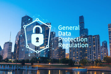 City view of Downtown skyscrapers of Chicago skyline panorama over Lake Michigan, harbor area at sunset, Illinois, USA. GDPR hologram, concept of data protection regulation and privacy for individuals