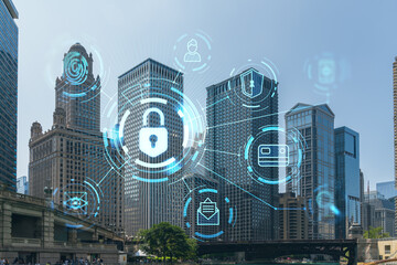 Panorama cityscape of Chicago downtown and Riverwalk, boardwalk with bridges at day time, Chicago, Illinois, USA. The concept of cyber security to protect companies confidential information