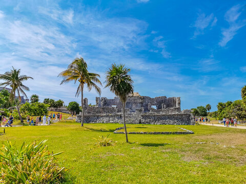 Ancient Tulum ruins Mayan site temple pyramids artifacts seascape Mexico.