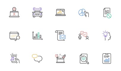 Mail letter, Music phone and Diagram graph line icons for website, printing. Collection of Report document, Chat message, Car icons. Calendar, Analytics chart, Graph laptop web elements. Vector
