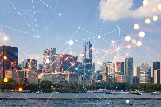 City view, downtown skyscrapers, Chicago skyline panorama over Lake Michigan, harbor area, day time, Illinois, USA. Social media hologram. Concept of networking and establishing new people connections - Powered by Adobe