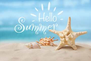 Hello Summer. Beautiful starfish and seashells on sandy beach - obrazy, fototapety, plakaty