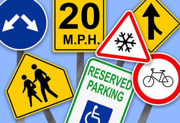 Collection of different traffic signs on turquoise background