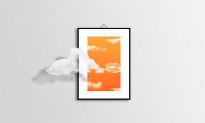 Surreal Minimal Concept Picture Frame with Cloud Over Sunset Clouds hanging Photo. Think and Imagination with Wall Art on light background 