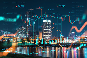 Panoramic view of Broadway district of Nashville over the river at illuminated night skyline, Tennessee, USA. Forex candlestick graph hologram. The concept of internet trading, brokerage and analysis