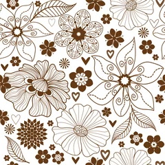 Fotobehang Seamless monochrome pattern with drawn contour vintage flowers. Vector eps 10 © Olga Drozdova