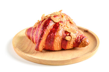 Raspberry Crumble Cream Cheese Croissant on wood plate isolated