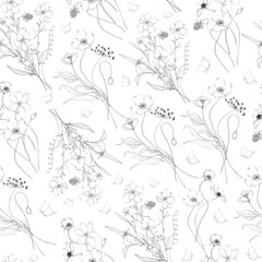 Seamless pattern with botanic outline wildflower, branch, leaves. Hand drawn floral abstract pencil sketch field flower, plant on white background line art illustration for textile, fabric, packaging