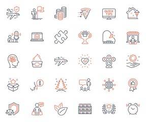 Business icons set. Included icon as Christmas tree, Stress and Justice scales web elements. Leadership, Food delivery, Market buyer icons. Flight insurance, Loyalty program. Vector