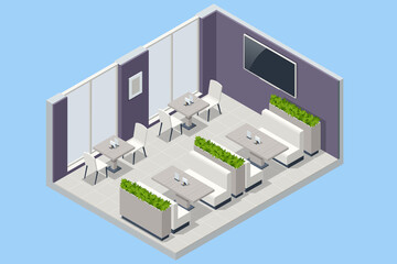 Fast Food Court. Isometric Sushi, Coffee, Ice Cream, Burgers, Salad and Pizza Place, Cafeteria, Restaurant Interior, Catering, Shopping Mall.