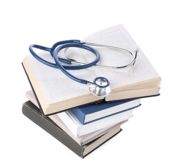 Stack of student textbooks and stethoscope on white background. Medical education