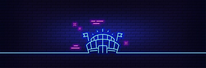 Neon light glow effect. Sports arena line icon. Stadium with flags sign. Sport complex symbol. 3d line neon glow icon. Brick wall banner. Sports arena outline. Vector © blankstock