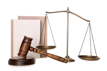 Wooden gavel, books and scales of justice on white background