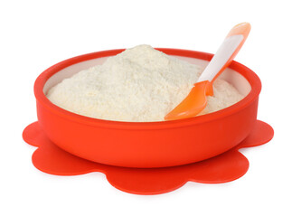 Dry healthy baby food in bowl on white background