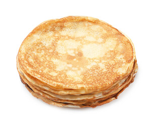Stack of delicious crepes on white background