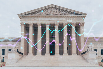 Front view of the iconic building of United States Supreme Court at day time, Washington DC, USA. Judicial branch. Forex candlestick graph hologram. Concept of internet trading, brokerage, analysis