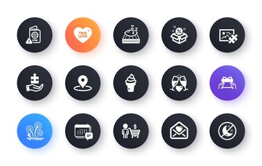 Minimal set of Buyer, Sale and Passport warning flat icons for web development. Pin, Give present, Wedding glasses icons. Fireworks, Puzzle, Love letter web elements. True love, Message. Vector