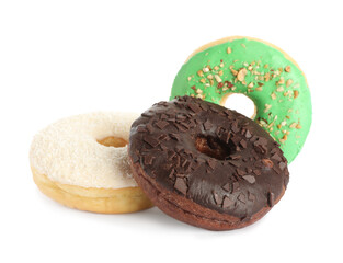 Sweet tasty glazed donuts on white background
