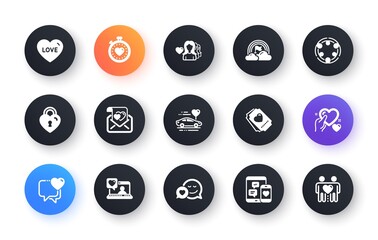 Minimal set of Inclusion, Heartbeat timer and Heart flat icons for web development. Dating, Friends chat, Love lock icons. Love, Hold heart, Lgbt web elements. Social media. Vector