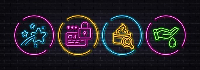 Naklejka premium Collagen skin, Lock and Falling star minimal line icons. Neon laser 3d lights. Wash hands icons. For web, application, printing. Skin care, Blocked credit card, Night star. Neon lights buttons. Vector