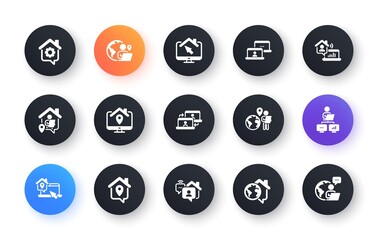 Work at home icons. Office employee, Remote worker and Freelance job. Stay at home, internet work, remote teamwork icons. Worker with computer, home workspace, shared network. Vector