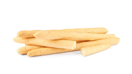 Delicious grissini isolated on white. Crusty breadsticks