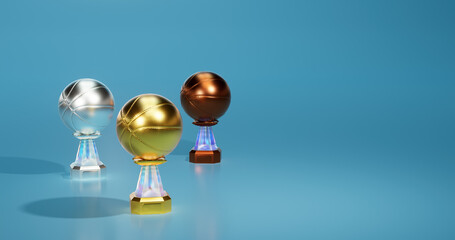 Bright Basketball Gold Silver and Bronze Trophies with a soft light background