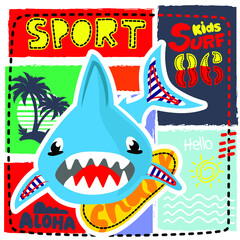 Surfing shark  sport abstract summer pattern with surfer, shark, bright colors, for textiles, prints, for boy and.Striped background illustration vector.