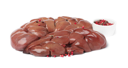 Fresh raw kidney meat with peppercorns on white background