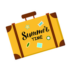 Summer time. Vector hand lettering.Black letters on beige suitcase luggage with stamps and white background. Trendy black calligraphy. Design for summer decorating banner brochure calendar. Travelling