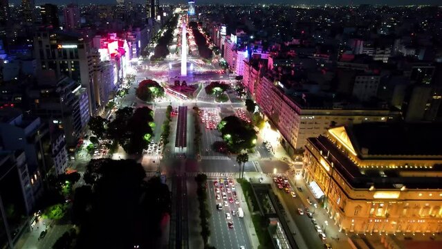 Downtown Buenos Aires Argentina. Night panning wide landscape of tourism landmark downtown district. Tourism landmark. Outdoor downtown city. Urban scenery of Buenos Aires city.