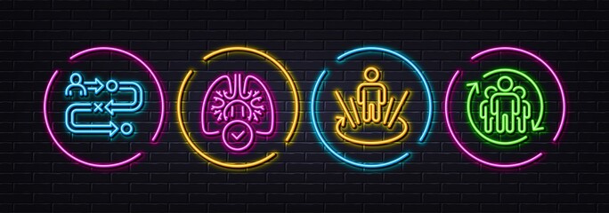 Augmented reality, Journey path and Lungs minimal line icons. Neon laser 3d lights. Teamwork icons. For web, application, printing. Virtual reality, Project process, Respiratory pneumonia. Vector