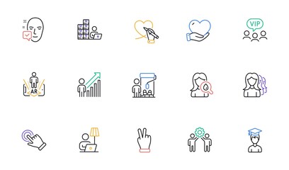 Inventory, Moisturizing cream and Painter line icons for website, printing. Collection of Social care, Floor lamp, Employee result icons. Touchscreen gesture, Victory hand. Vector