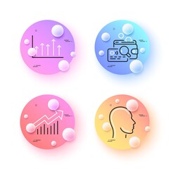 Inspect, Head and Growth chart minimal line icons. 3d spheres or balls buttons. Demand curve icons. For web, application, printing. Money budget, Human profile, Upper arrows. Vector