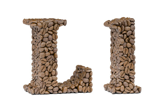 Letter L from coffee bean isoilated on white. Coffee alphabet font.