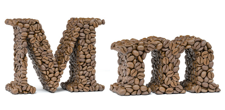 Letter M from coffee bean isoilated on white. Coffee alphabet font.