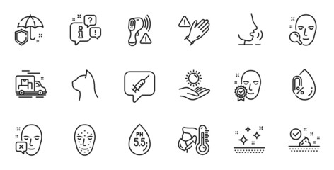 Fototapeta na wymiar Outline set of Face verified, Face biometrics and Sick man line icons for web application. Talk, information, delivery truck outline icon. Include Sun protection, Ph neutral, No alcohol icons. Vector
