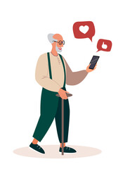 Retired Man Speak by Mobile Phone Landing Page Template. Elderly Man Communicate in Social Networks. Senior Character Browsing Internet, Messaging with Friends. Cartoon People Vector Illustration