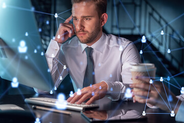 Businessman and businesswoman in formal wear working together looking for new employees to hire for international business consulting. HR, social media icons over modern panoramic office background