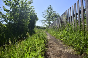 a dirt path along an old wooden fence. Ulyanovsk, Russia