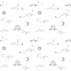 Mountains and celestial elements semless background