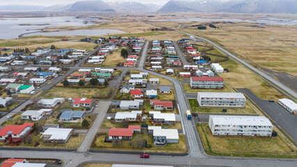 Aerial view of town of Hofn in hornafjordur in Iceland
