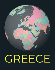 World map centered to Greece. Red country highlighted. Satellite world view centered to country with name. Vector Illustration.