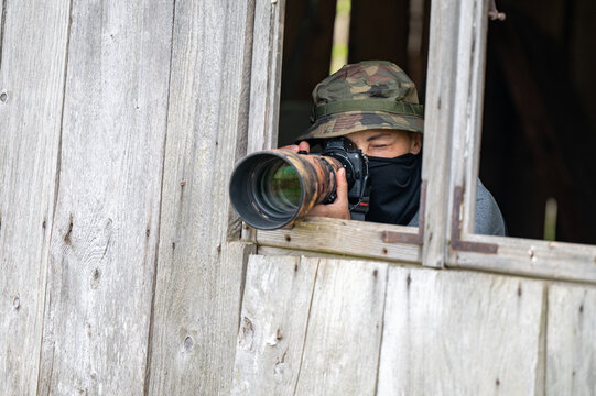 Female paparazzi detective taking pictures from the hide.