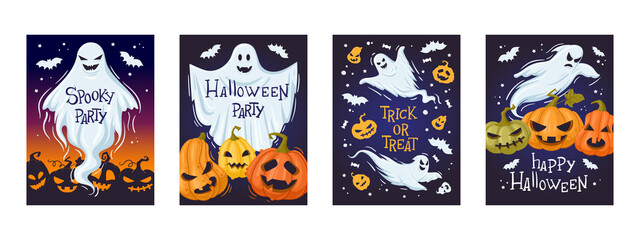 Fototapeta na wymiar Halloween holiday spooky ghost party banner, scary pumpkins cards. Cartoon ghosted spirit and spooky pumpkins vector background illustrations. Halloween party spooky posters