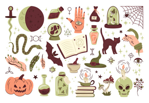 Doodle halloween elements, witchcraft, magic spiders, snake, pumpkin and knife. Halloween esoteric, alchemy boho vector symbols illustrations set. Mystical spooky stickers