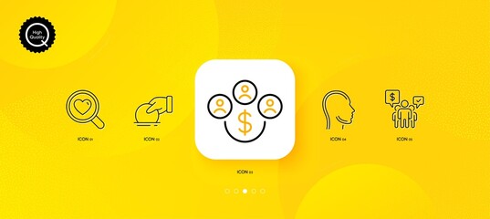 Fototapeta na wymiar Buying currency, Teamwork and Donate minimal line icons. Yellow abstract background. Head, Search love icons. For web, application, printing. Buy dollars, Employees chat, Money charity. Vector