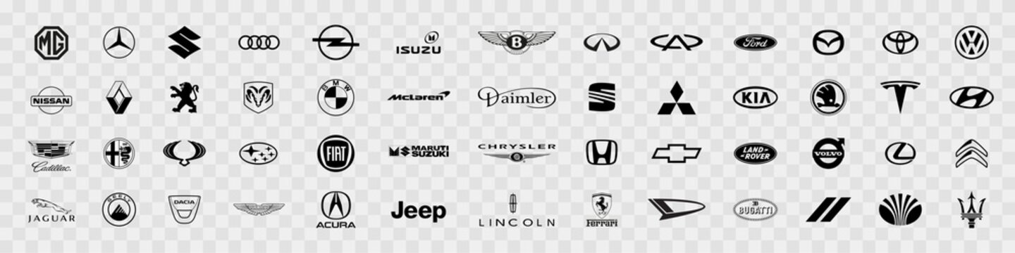 Collection of popular car brands. Automobile logo. White background. Vector illustration. Kyiv, Ukraine - May 3, 2022